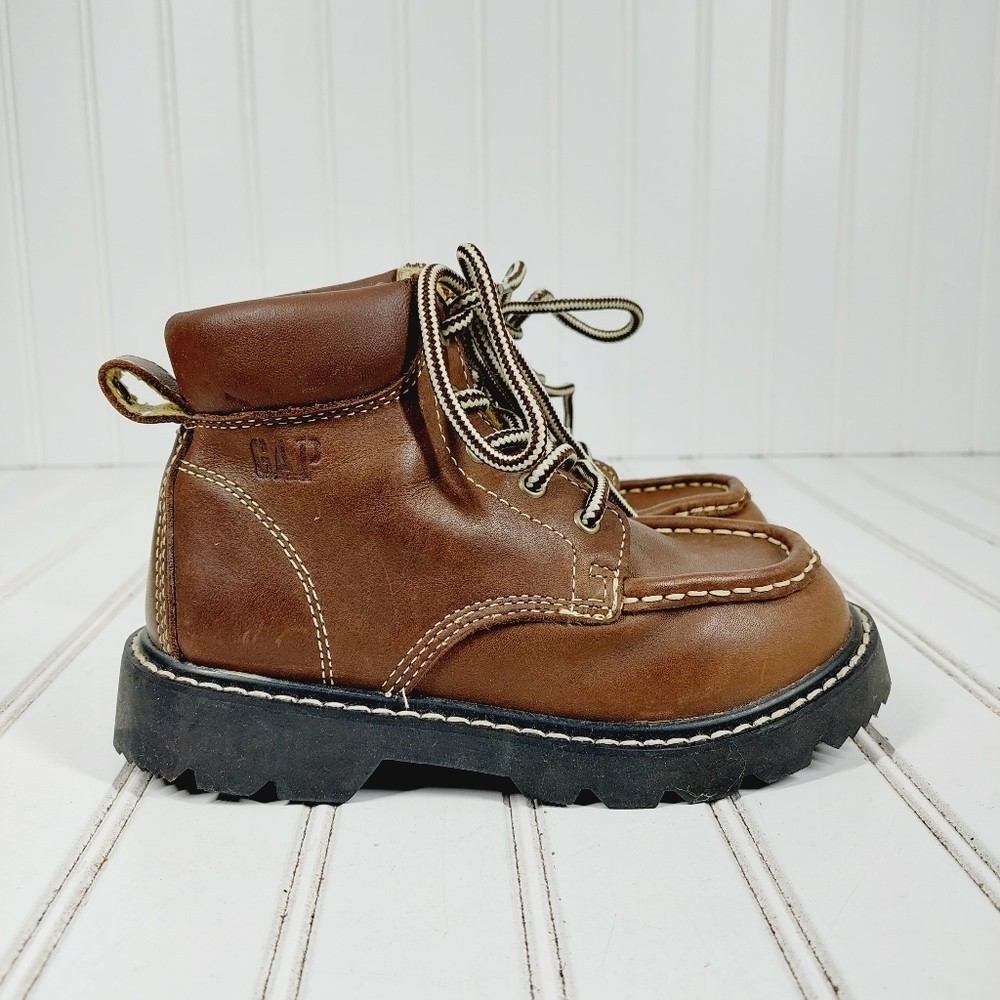 GAP Brown Leather Lace Up Kids Statement Stitching Comfy Boots A276 - Picture 5 of 12